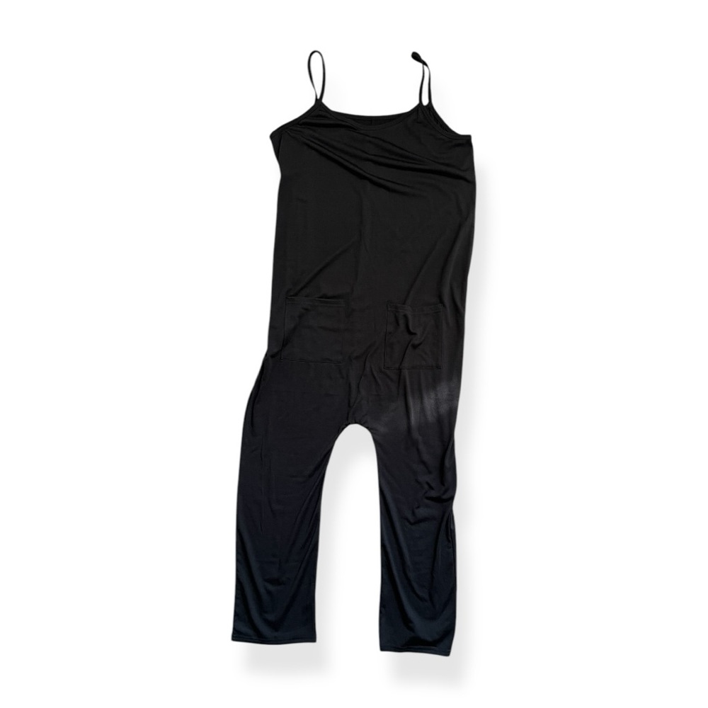 Black Cropped Jumpsuit - Spaghetti Straps & Pockets